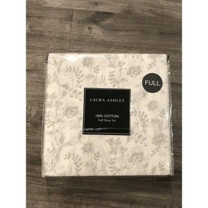 New Laura Ashley FULL 4 PC Sheet Set “Winding Vine Fleur”Gray White 100% Cotton